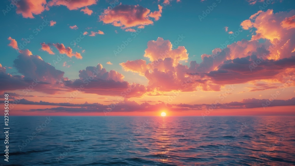 Poster serene sunrise over calm ocean waves with colorful clouds and empty space for inspirational text