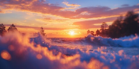 Fototapeta premium Vibrant Sunset Over Waves with Cloudy Sky Illuminating the Horizon