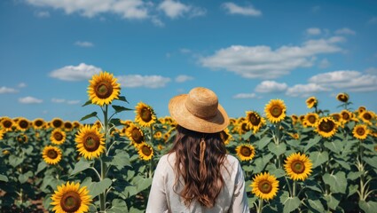 Woman in a straw hat standing in a vibrant sunflower field under a clear blue sky on a sunny day