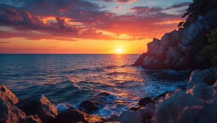 Vibrant Sunset Over Ocean Waves with Rocky Foreground and Open Space for Textual Overlay in Serene Coastal Landscape