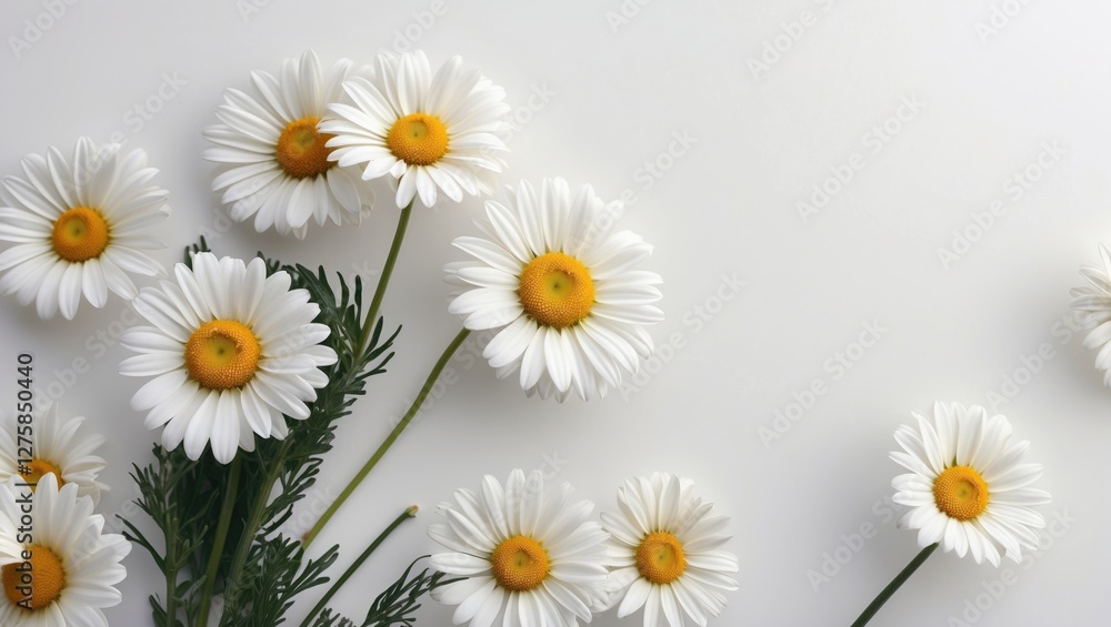 Poster fresh white daisies arranged aesthetically on a clean white background with ample space for custom t