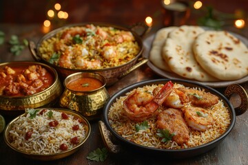An appetizing and flavorful Indian Thali arrangement featuring shrimp biryani, rich chicken curry, various dipping sauces, and fluffy naan bread, studio shot.