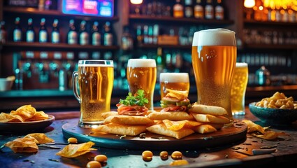 Savory Beer Snacks and Refreshing Ales on a Wooden Platter with Copy Space for Text in a Cozy Bar Setting