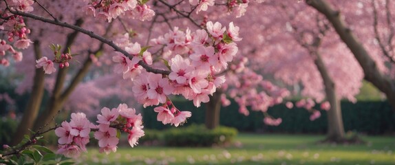 Serene Pink Cherry Blossoms in a Lush Tranquil Garden with Soft Warm Light and Lush Greenery in the Background