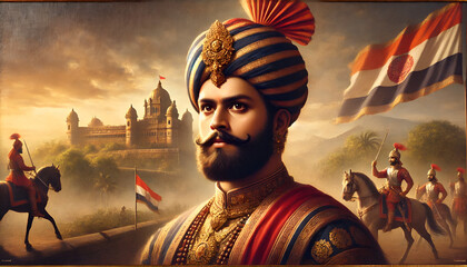 Chhatrapati Shivaji Maharaj portrait, Majestic warrior king of India, Historical Maratha ruler in royal attire, Brave Indian warrior with turban, Regal Shivaji Maharaj in traditional dress.