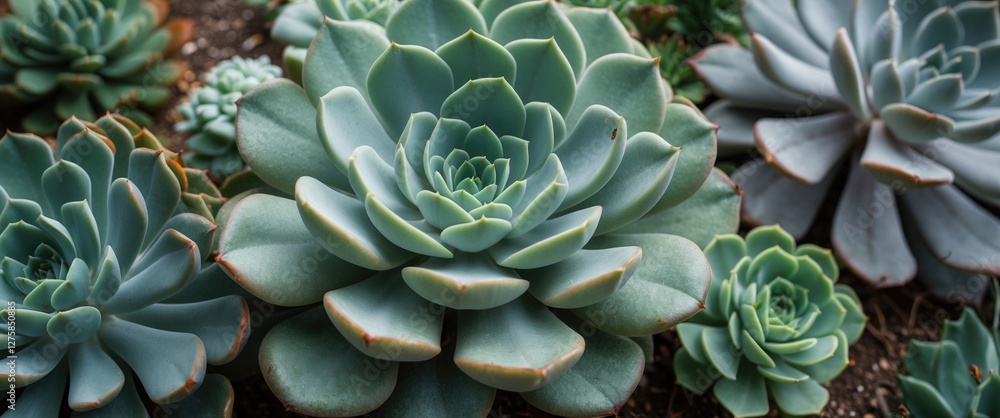 Poster close up of vibrant succulent plants featuring diverse textures and shapes with ample empty space fo
