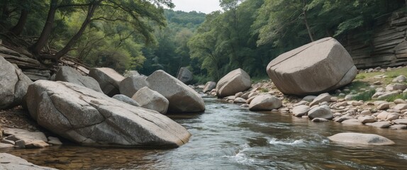 Boulders in Tranquil River Setting Surrounded by Lush Greenery with Clear Space for Text or Branding. Nature Landscape Photography.