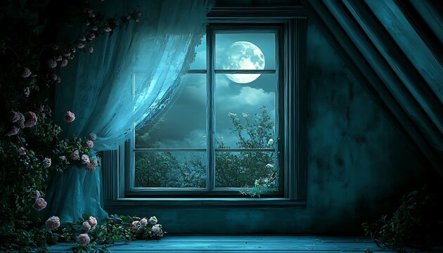 Attic window moonlit rose room