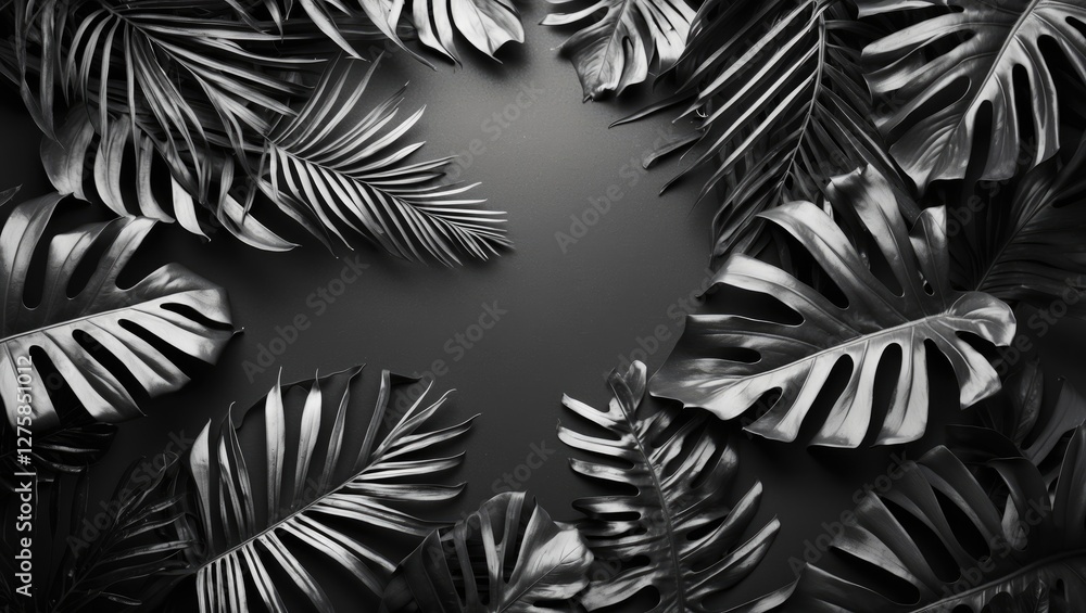 Poster tropical leaves arranged in black and white on a dark background with space for text or branding ele