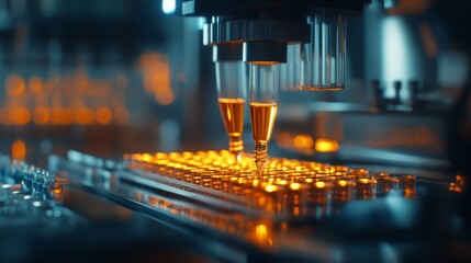 Close-up of an automated pipetting system transferring serum samples onto a diagnostic plate, clinical lab testing.