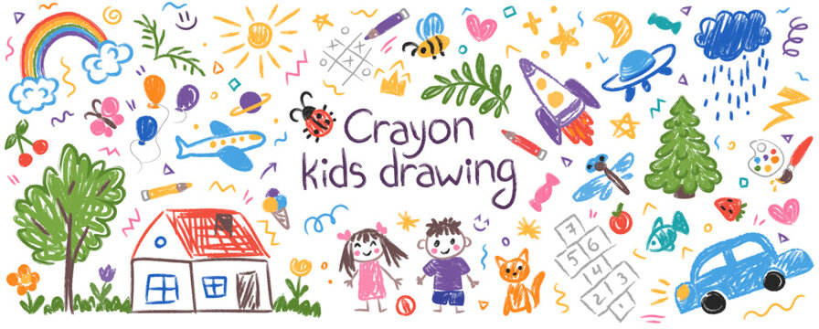 Cute crayon kid illustration. Hand drawn doodle children drawings. Cute kids background for your design, diploma, certificate. Vector cartoon elements on paper bg