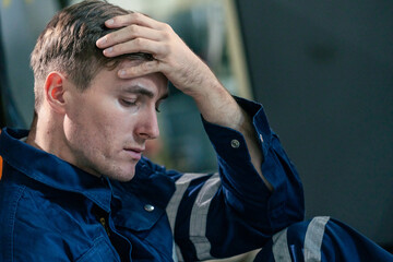 Worker in blue uniform appears stressed while reflecting on challenges in an industrial environment during daylight hours
