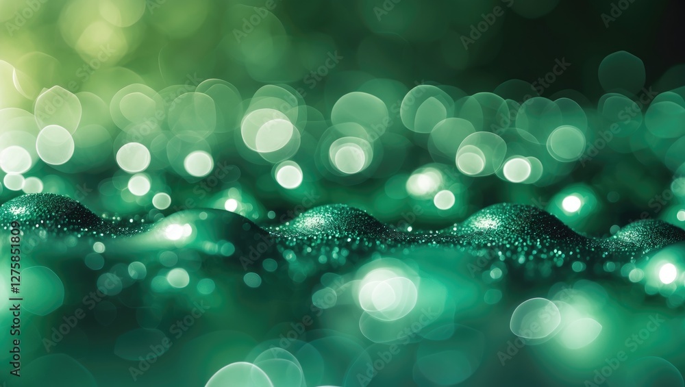 Poster shimmering green bokeh background with soft focus and gentle waves ideal for nature and design proje