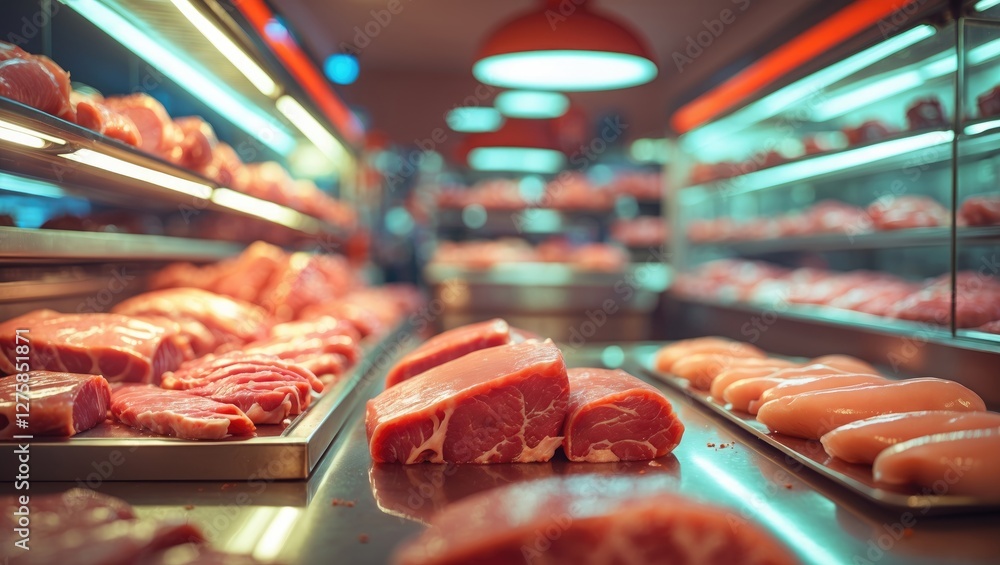 Poster freshly displayed meat products in a vibrant shop setting with a soft focus background
