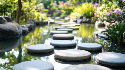 Shoulder stretch in a tranquil yoga garden with stones. Featuring balance and tranquility