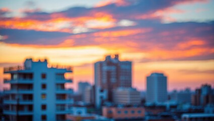 Fototapeta premium Urban Skyline Silhouette at Sunset with Colorful Blurred Sky and Buildings in Soft Focus for Atmospheric Background Use