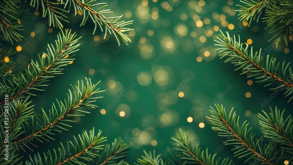 Poster serene bokeh effect with pine leaves framing a soft green background ideal for nature themes and hol
