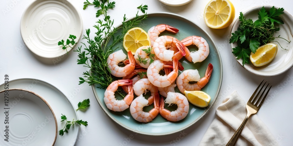 Aufkleber boiled shrimp with lemon and fresh herbs on a clean plate with empty space for text in a bright and 