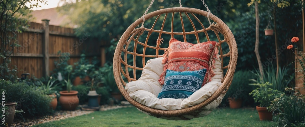Poster bohemian style hanging chair in lush garden setting with colorful cushions and empty space for text 