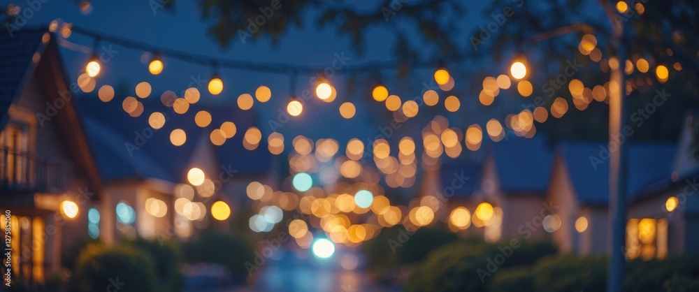 Poster bokeh light effects from houses and buildings at night with empty space for text and decorated pathw
