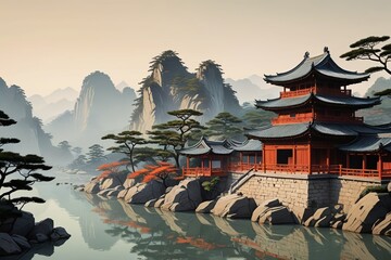 painting of a chinese temple on a cliff overlooking a body of water