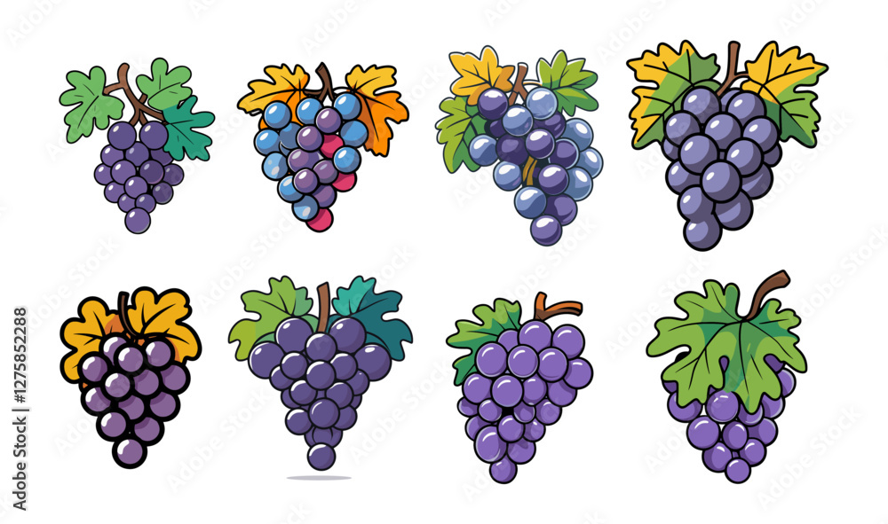 Poster Sets icon collection of cartoon style grape bunches in various colors and leaf shapes, showcasing different artistic interpretations of grape clusters