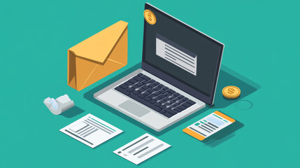 Invoice email template. Digital form for calculate and send payments, bills and receipt. Vector landing page of electronic finance transaction with isometric laptop, envelope and people handshake