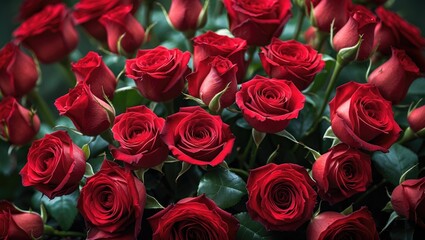 Obraz premium Close-Up View of Vibrant Red Roses with Lush Green Leaves in a Beautiful Floral Arrangement