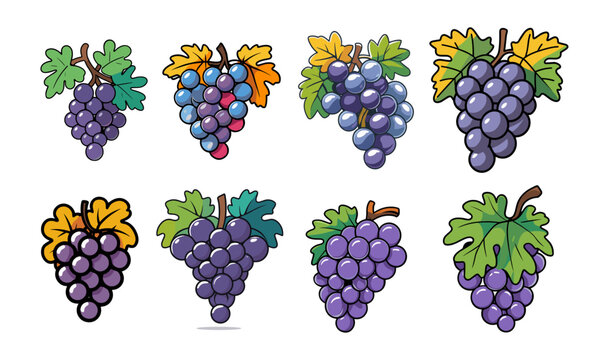 Sets icon collection of cartoon style grape bunches in various colors and leaf shapes, showcasing different artistic interpretations of grape clusters