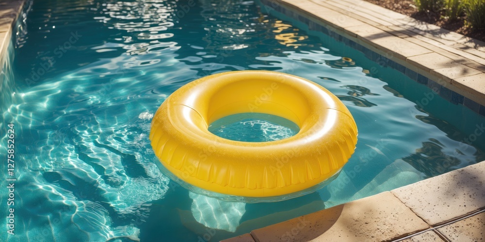 Poster bright yellow inflatable pool ring floating in clear water on a sunny day creating a relaxing summer