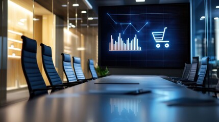 Naklejka premium A modern business boardroom displaying a sales data trends presentation, with a sleek digital chart on a screen, a shopping cart icon glowing in the background, professional and innovative