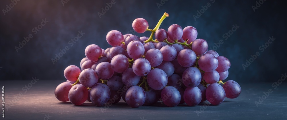Poster fresh purple grapes piled on dark surface with soft lighting and ample copy space for text display o