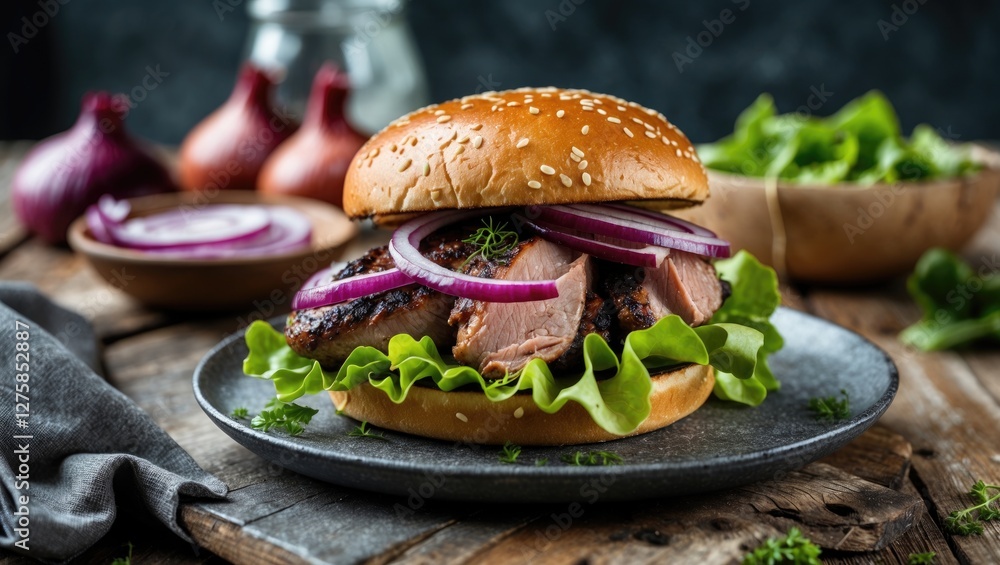 Poster gourmet duck burger topped with red onions and lettuce served on a rustic plate with empty space for