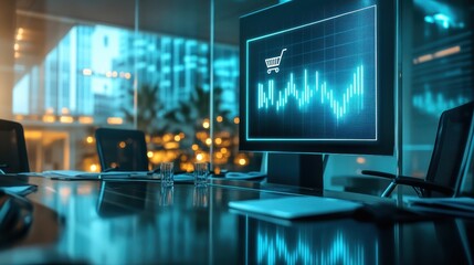 Naklejka premium A modern business boardroom displaying a sales data trends presentation, with a sleek digital chart on a screen, a shopping cart icon glowing in the background, professional and innovative