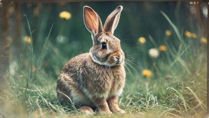 Fototapeta premium Cute Bunny Rabbit Sitting in Lush Green Grass Surrounded by Wildflowers with Space for Text Addition
