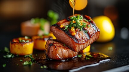 grilled tuna fillet with charred exterior, topped with fresh herbs and squeeze of lemon