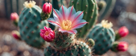 Fototapeta premium Vibrant Cactus Blossom with Pink Buds in Springtime Desert Landscape