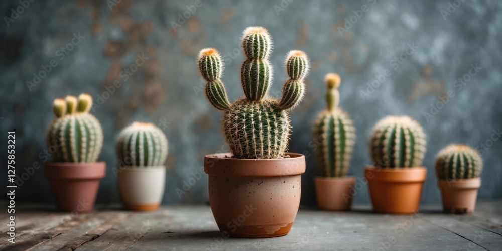 Poster cacti in assorted pots with blurred background and empty space for text in a rustic setting ideal fo