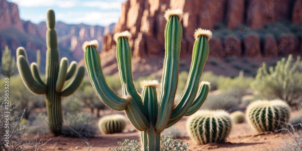 Aufkleber desert landscape featuring cacti with empty space for text and vibrant mountain background in warm n