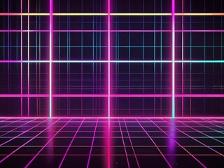 Retro Cyberpunk Grid Neon Lightscape: A Vibrant 80s Synthwave Digital Art