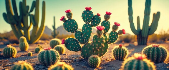 Naklejka premium Vibrant Desert Landscape with Flowering Cacti Under Sunlight in Natural Setting