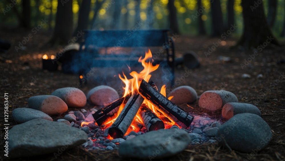 Poster campfire surrounded by stones in a forest setting with warm flames and empty space for text ideal fo