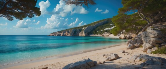 Fototapeta premium Cala Santanyi Serene Beachscape with Crystal Clear Waters and Dramatic Cliffs in a Tranquil Low Season Setting