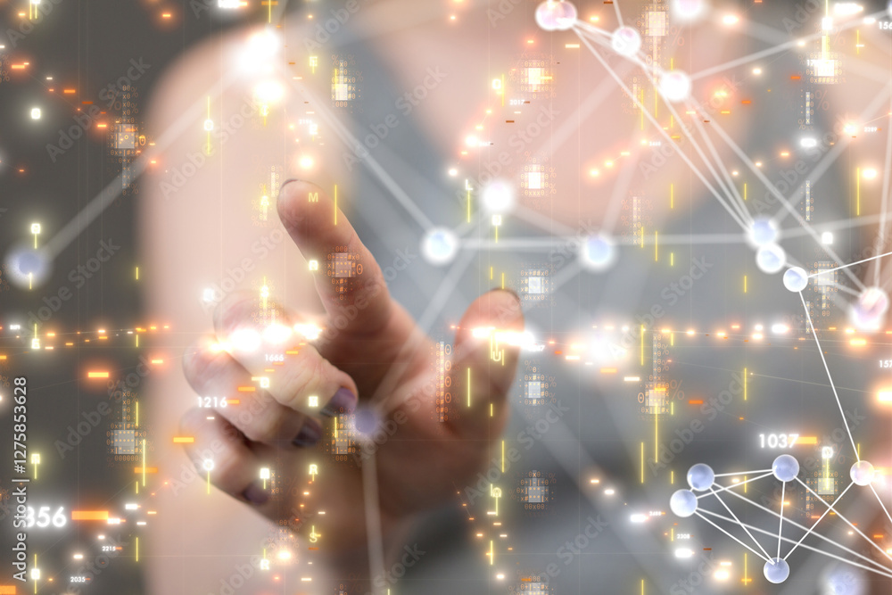 Poster Neural network 3D illustration. Big data and cybersecurity