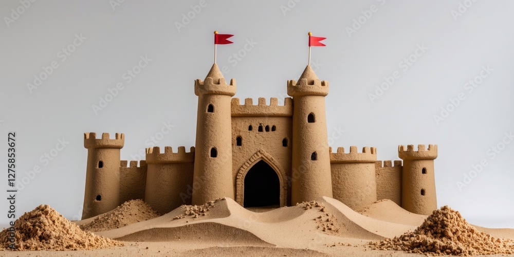 Poster sand castle creation on white background with space for text showcasing intricate architecture and v