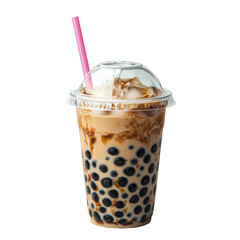 Refreshing bubble tea with ice and a pink straw isolated on png transparent background, cut out