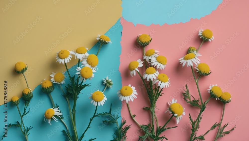Aufkleber chamomile flowers on trendy color background with copy space for text illustrating color of the year