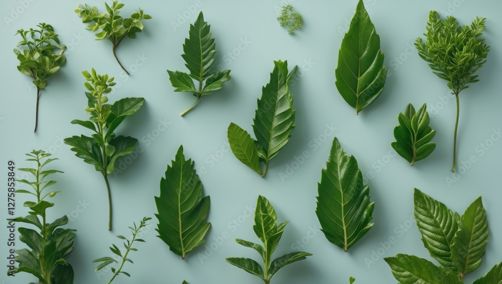 Poster assorted green leaves and plants on pastel background with empty space for text and templates
