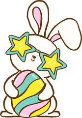 Cute Groovy Bunny with Easter Egg Cartoon Hand Drawn