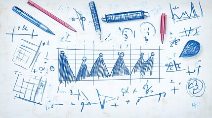 Hand-drawn graph, pens, calculations, office background